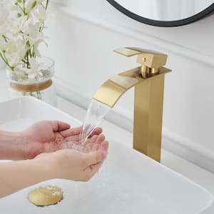 Single Handle Waterfall Vessel Sink Faucet With Metal Drain Single Hole Modern Bathroom in Brushed Gold