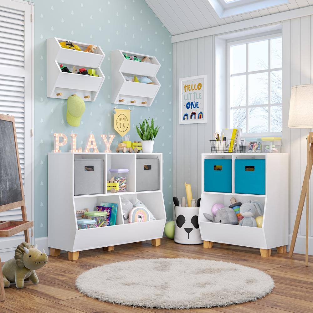White MDF Floating Wall Shelf with Wooden Hooks