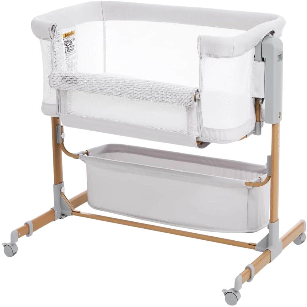 White Baby Bassinet Bedside Sleeper, 3-in-1 Rocking Bassinet with 6-Level Height Adjustable, Breathable Mesh Walls