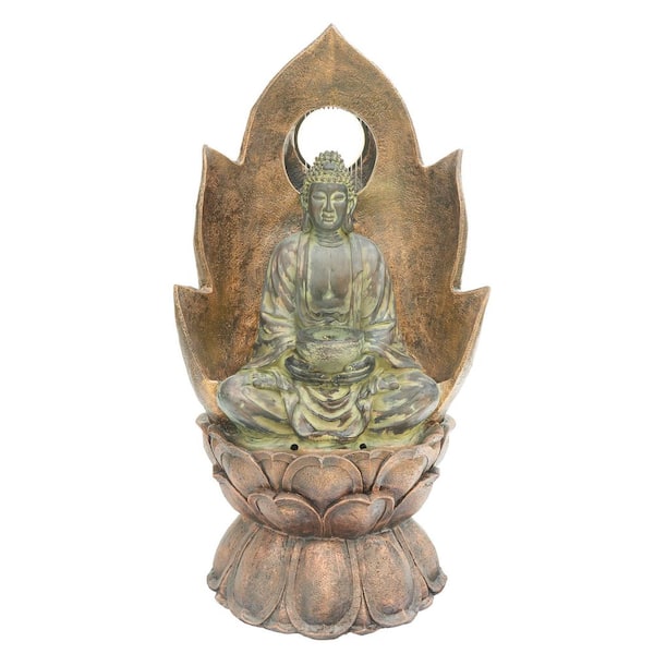 Outdoor Buddha Fountain 59 in. Stone-Texture Polyresin Cascading Waterfall Fountain with LED Lights