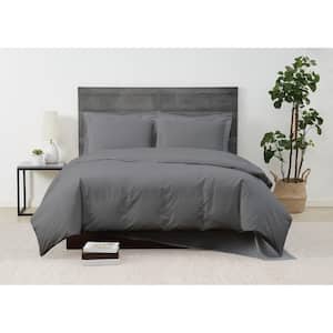 Solid Percale 3-Piece Grey Cotton Full/Queen Duvet Cover Set