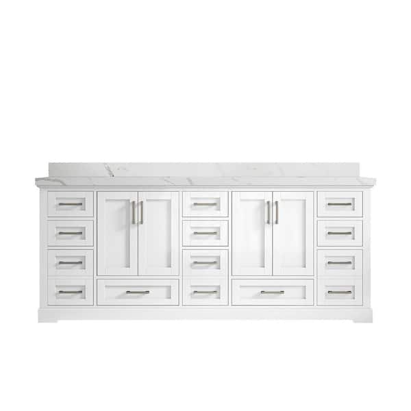 Willow Collections Boston 84 in. W x 22 in. D x 36 in. H Double Sink Bath Vanity in White with 2" Calacatta Quartz Top
