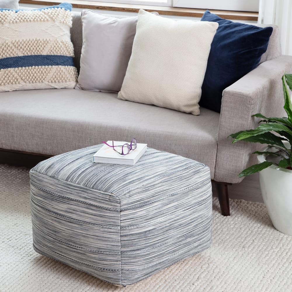 Gray and Blue Cotton Polyester Square Pouf Ottoman