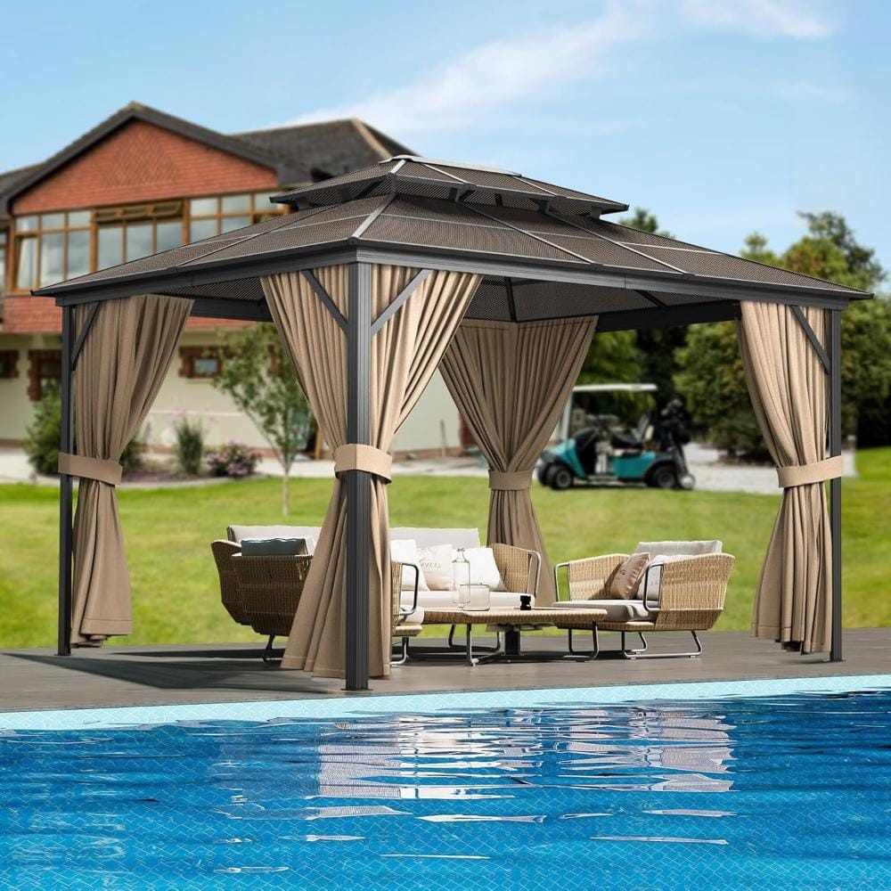 Heavy Duty 12x10 ft Khaki Hardtop Double Roof Aluminum Gazebo with Curtains & Netting for Patio, Backyard, Deck, Lawn price history on PriceWatchPro