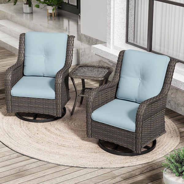 3-Piece Wicker Swivel Outdoor Rocking Chairs Patio Conversation Set with Baby Blue Cushions