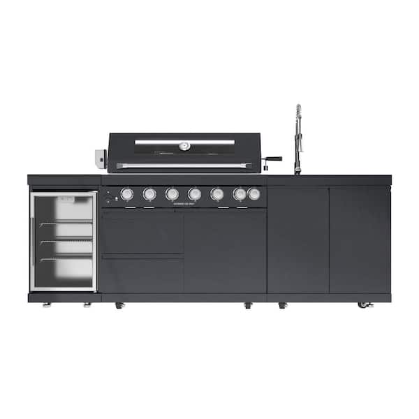 96 in. W 6-Burner Propane Gas Grill Island in Black, with Wine Cooler, Compact Refrigerator, Rotisserie Kit