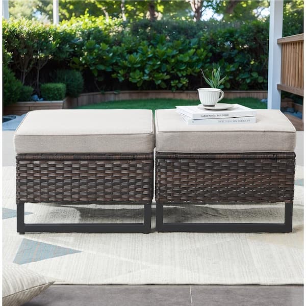 Brown Wicker Outdoor Ottoman with Beige Cushions and U-Foot Design (2-Pack)