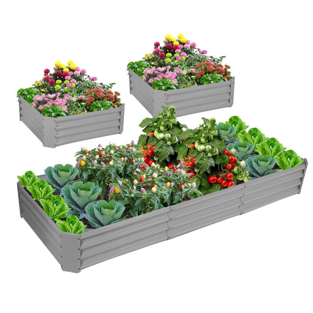8 ft. x 3 ft. x 1 ft. Gray Metal Rectangular Outdoor Garden Bed, Adjustable