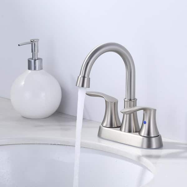 4 in. Centerset Double Handle High Arc Bathroom Faucet with Drain Kit Included in Brushed Nickel