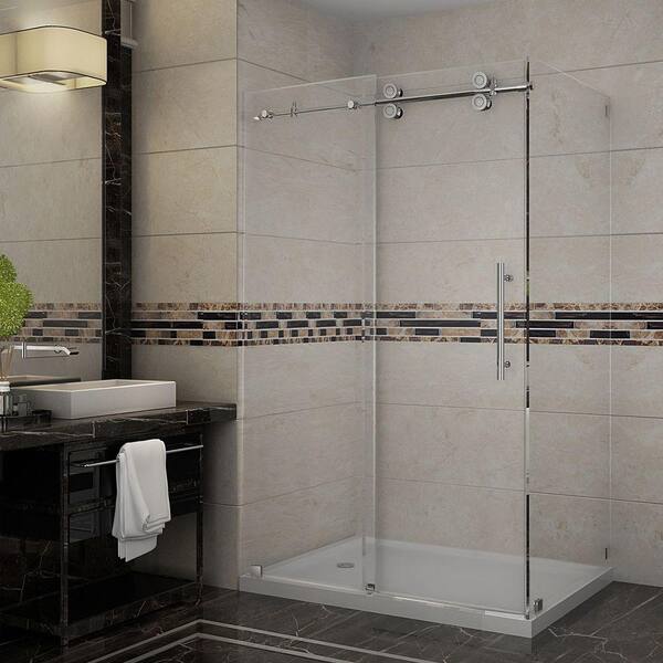 Aston Langham 48 in. x 35 in. x 77-1/2 in. Completely Frameless Shower Enclosure in Stainless Steel with Left Base