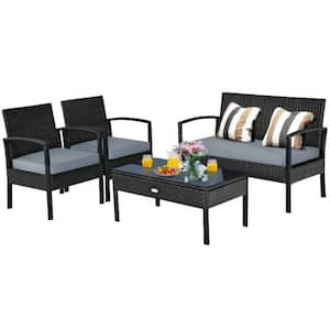 4-Piece Black Wicker Patio Conversation Set with Gray Cushions and Table