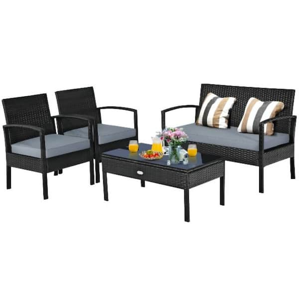 Alpulon 4-Piece Black Wicker Patio Conversation Set with Gray Cushions and Table