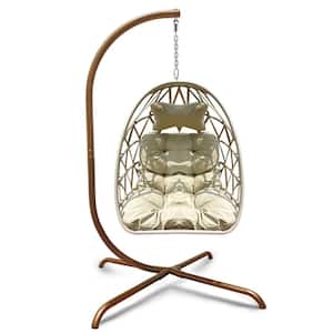 38 in. Golden Stainless Steel Patio Swing Egg Chair with C Type bracket, Cream Cushions and Pillow