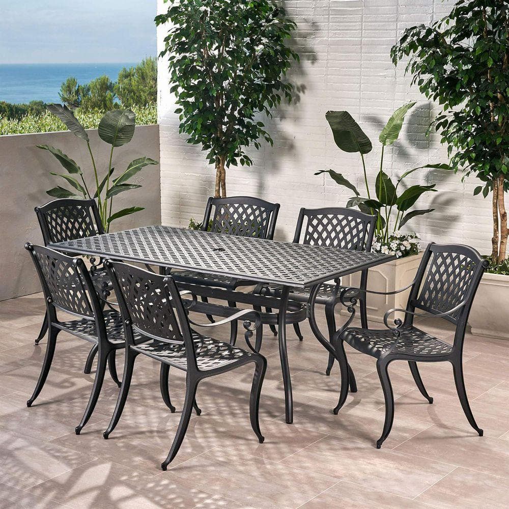 Black 7-Piece Aluminium Metal Outdoor Dining Set with Rectangular Table ...