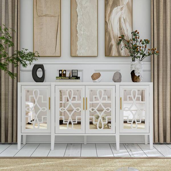 Fufu Gaga White Wooden Accent Storage Cabinet Sideboard Dresser With Shelves Mirrored