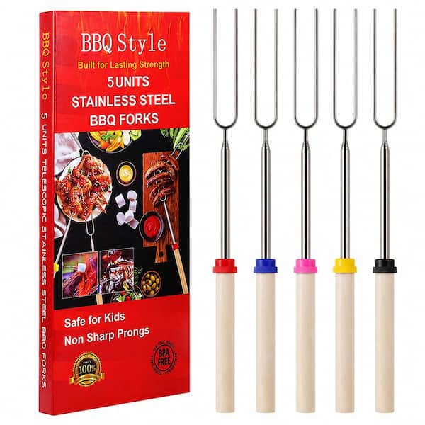 Telescoping Marshmallow Roasting Sticks for Campfire Fire Pit BBQ, 32 in. Safe Non-Sharp Forks, 5 Pack
