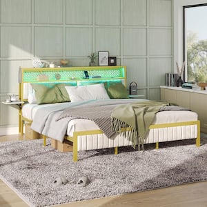 White Metal Frame King Size Platform Bed with Upholstered Storage Headboard Charge Station and Foldable Bedside Shelf