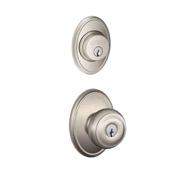 Schlage Georgian Satin Nickel Single Cylinder Deadbolt and Keyed Entry Door Knob with Wakefield Trim Combo Pack