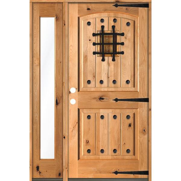 Krosswood Doors 56 in. x 80 in. Mediterranean Knotty Alder Right-Hand/Inswing Clear Glass Clear Stain Wood Prehung Front Door w/Sidelite