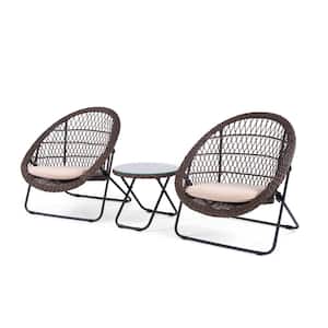 Brown 3-Piece Wicker Outdoor Bistro Set with Tan Cushions