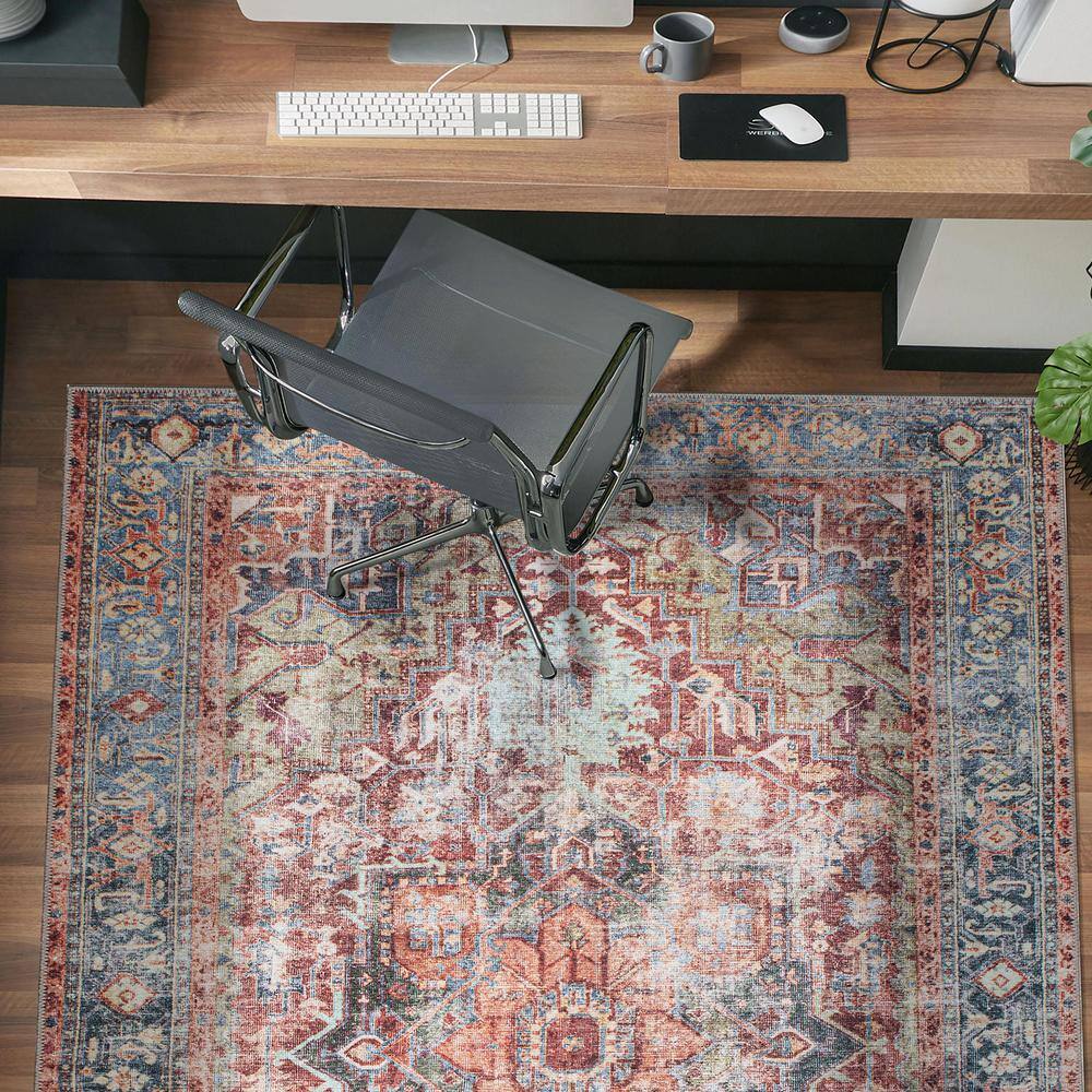 Vintage Red and Blue Medallion Washable Synthetic Area Rug