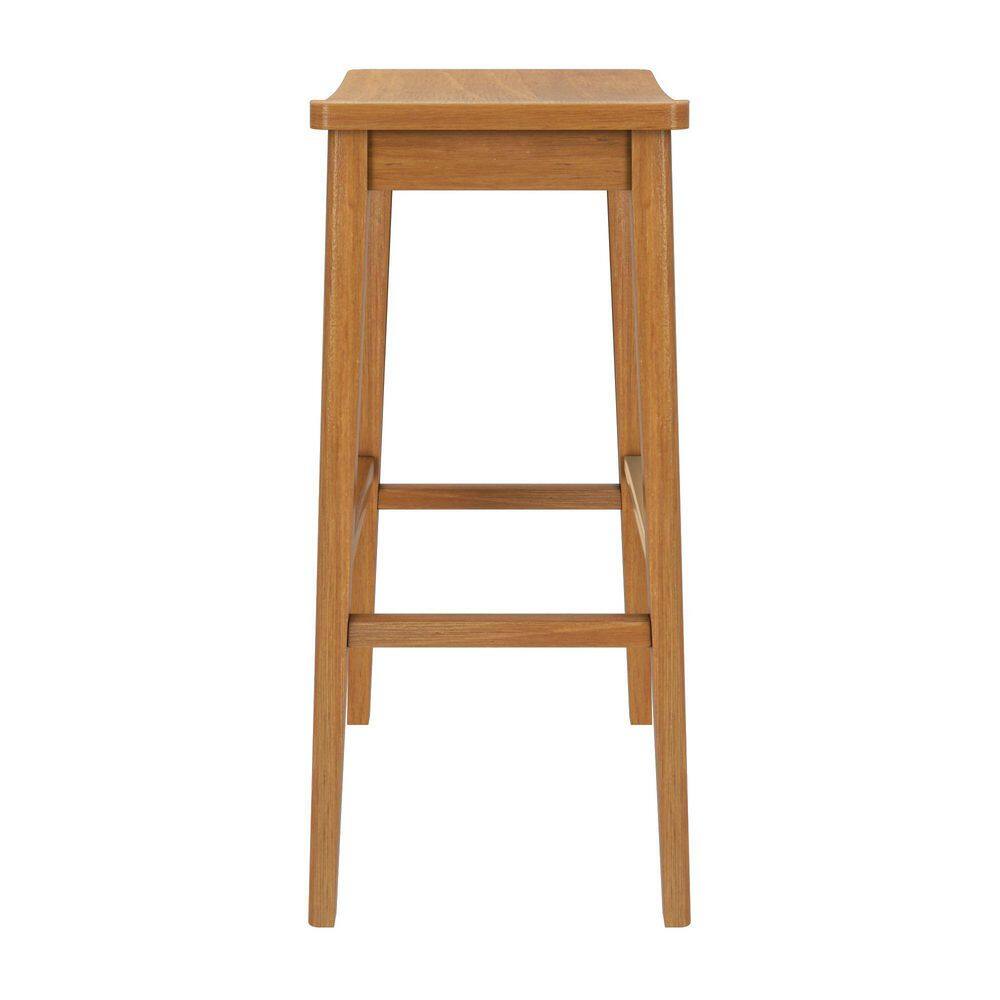 A single pecan wood backless bar stool with a saddle seat.