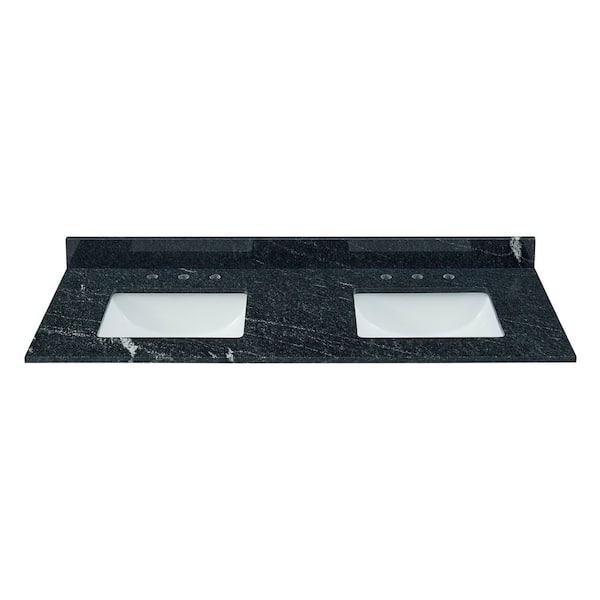 Tile and Top 61 in. W x 22 in. D Granite White Rectangular Double Sink Vanity Top in Storm Black