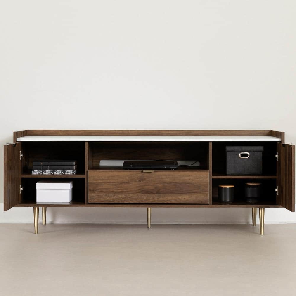 Natural Walnut and Faux Carrara Marble TV Stand with Cabinet
