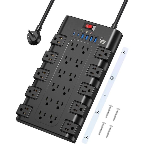 phyfalip 22-Outlet Power Strip Surge Protector with USB Ports and 6.5 ft. Flat Plug Extension Cord in Black