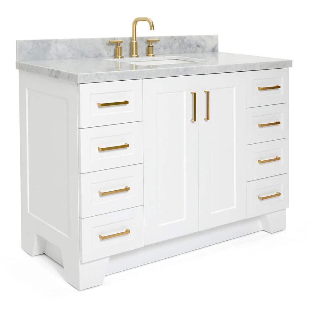 White Marble Top Freestanding Single Sink Vanity with Gold Hardware