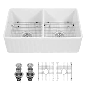 33 in. Farmhouse/Apron-Front Double Bowl White Ceramic Kitchen Sink with Bottom Grids