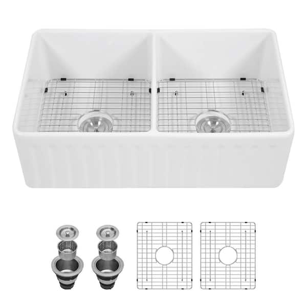 Logmey 33 in. Farmhouse/Apron-Front Double Bowl White Ceramic Kitchen Sink with Bottom Grids