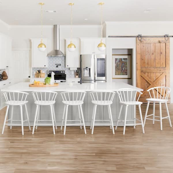 LUE BONA Winson Windsor 24 in. White Solid Wood Bar Stool for Kitchen Island Counter Stool with Spindle Back Set of 6