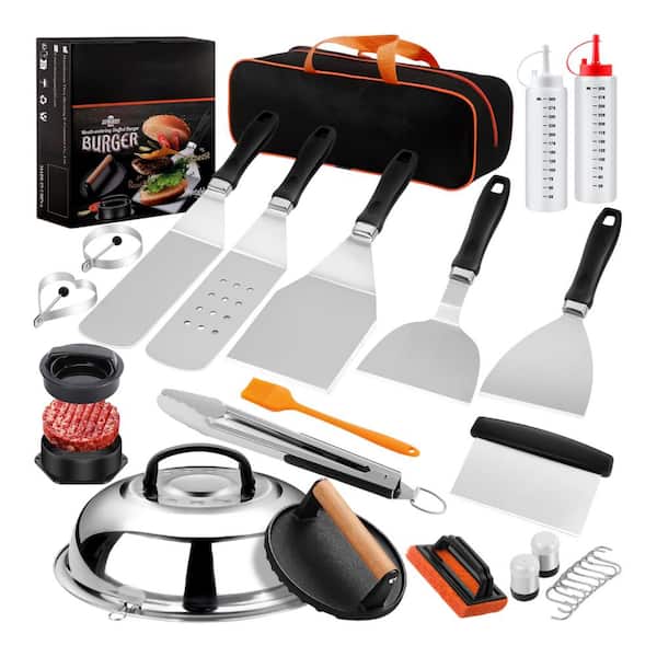 27-Piece Stainless Steel Flat Top Grill Accessories Set with Enlarged Spatula, Burger Press, Basting Cover