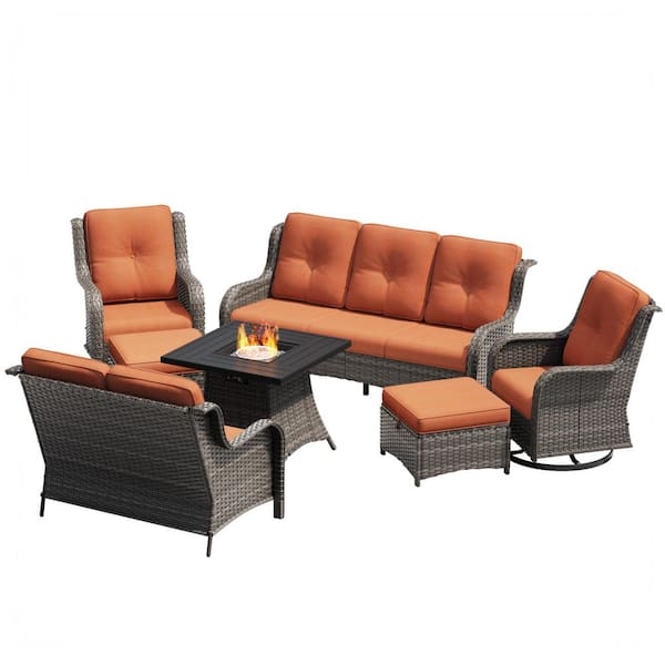 Rattan 7 Seat 7-Piece Wicker Fire Pit Set, Patio Conversation Set with Orange Cushions and Swivel Rockers