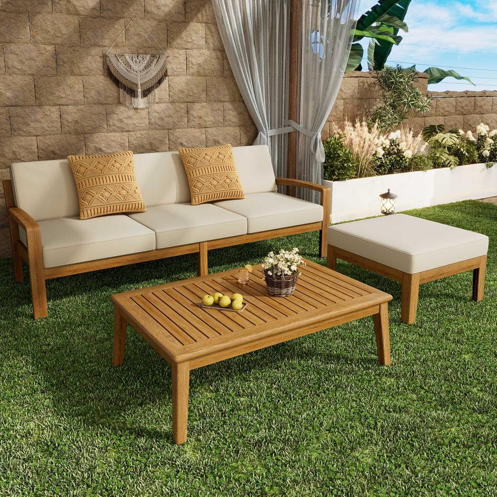 3-Piece Teak Acacia Wood Outdoor Sectional Sofa Set with Beige Cushions, L-
