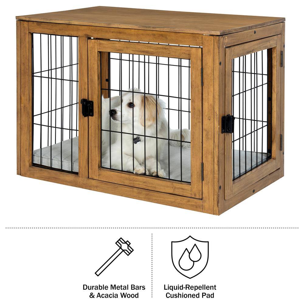 Medium Natural Acacia Wood and Metal Dog Crate Table