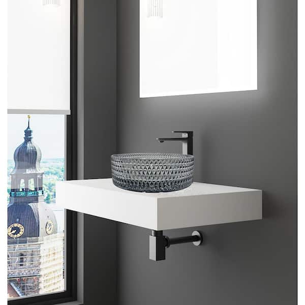 30 in. Wall Mounted Bathroom Countertop Shelf in White Solid Surface with Gray Round Glass Vessel Sink