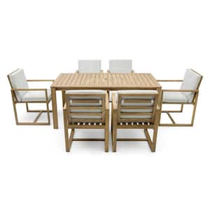 7-Piece White Washed Acacia Wood Outdoor Dining Set with Grayish Green Cushions, Patio Dining table, Chairs for Patio