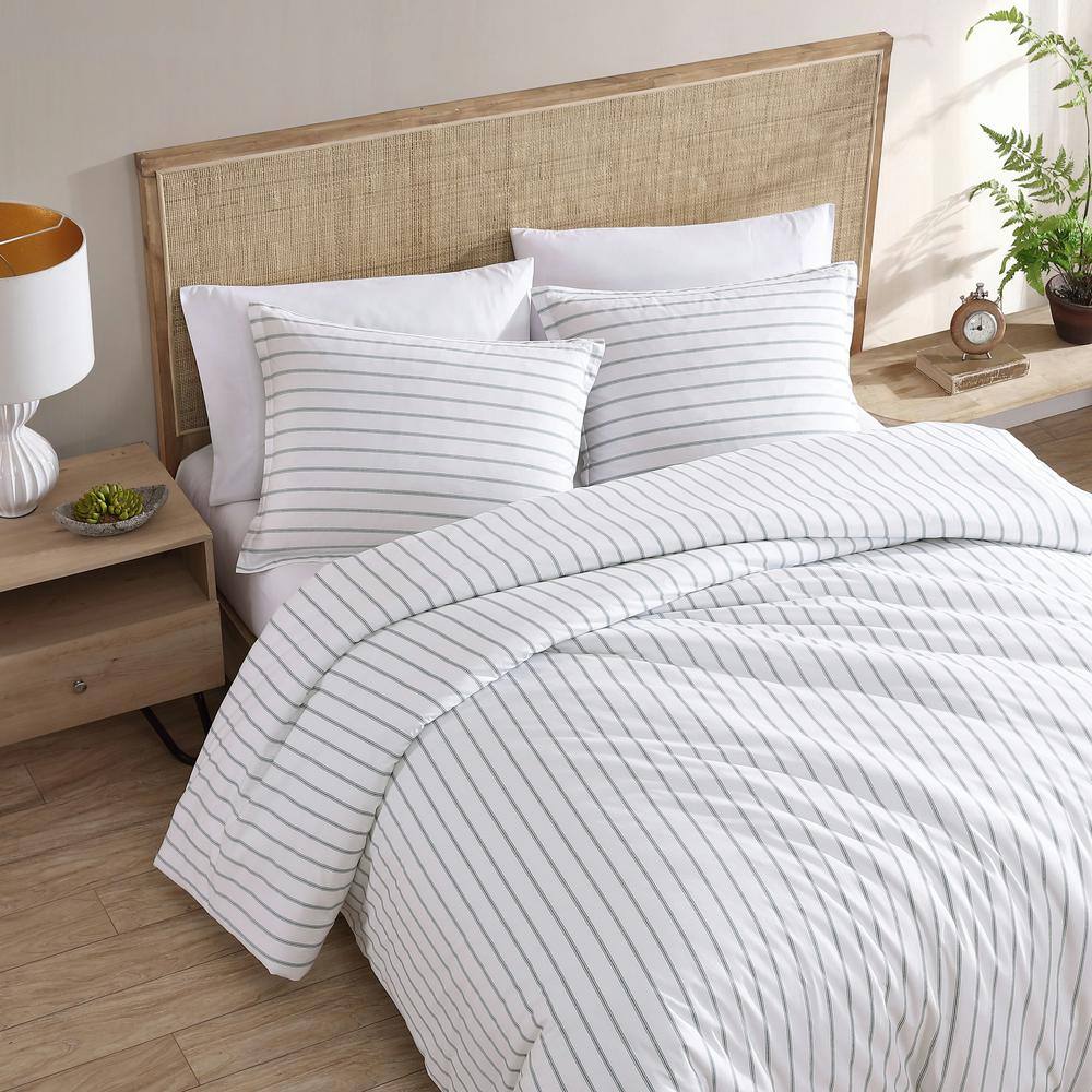 Green Striped Cotton King Duvet Cover Set