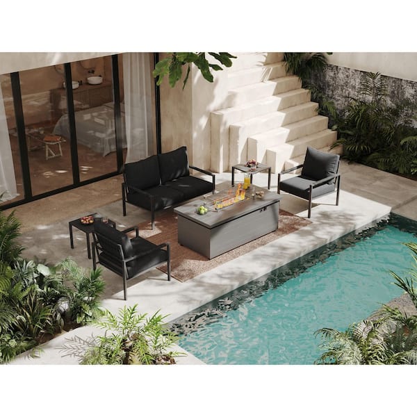 6-Piece Metal Patio Conversation Set with Warm Grey Cushions, Outdoor Furniture Set with Gray Fire Pit Table