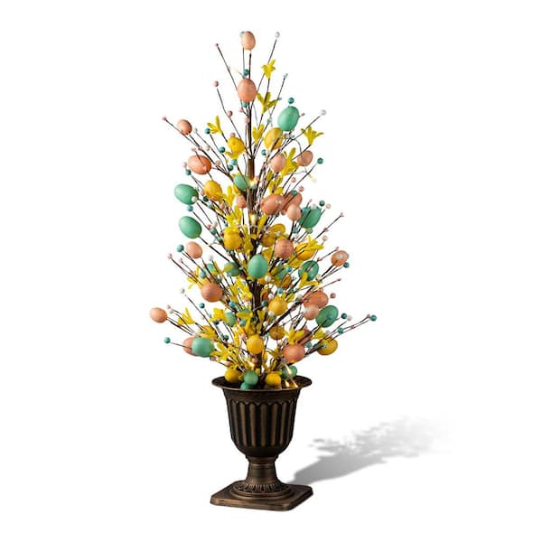 36 in. H Easter Egg and Flower Urn Porch Tree, 20 Warm White Lights with timer