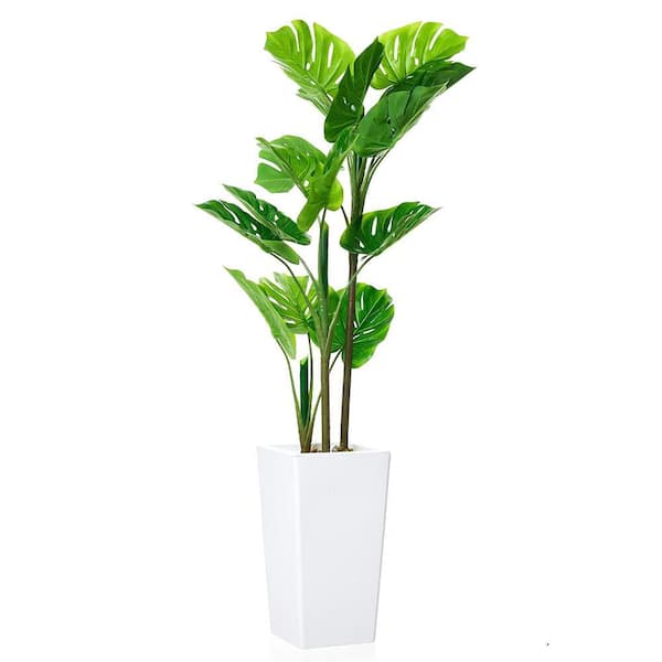 4.5 ft. Artificial Monstera Plant, Tall Mini Fake Swiss Cheese Plant with White Planter, Faux Tropical Palm Tree
