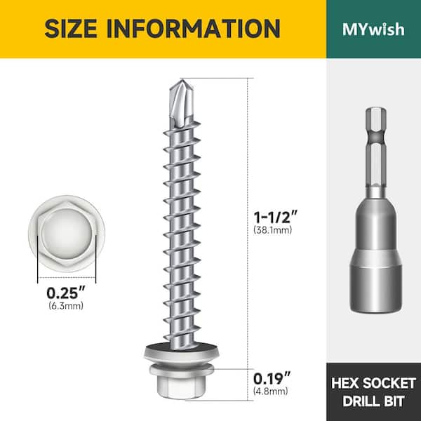 #10 x 1-1/2 in. White Galvanized Hex Head Self Drilling Metal Roofing Screws with EPDM Rubber Washer (100-Pack)