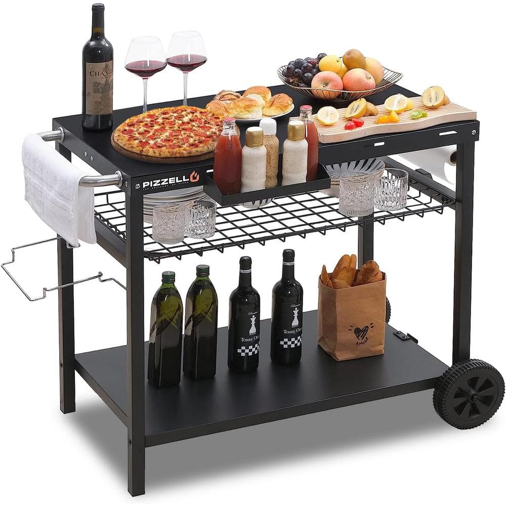 INNUMIA Black Outdoor 3-Shelf Grill Cart Movable Barbeque Cart Outdoor Pizza Oven Table and Prep Station