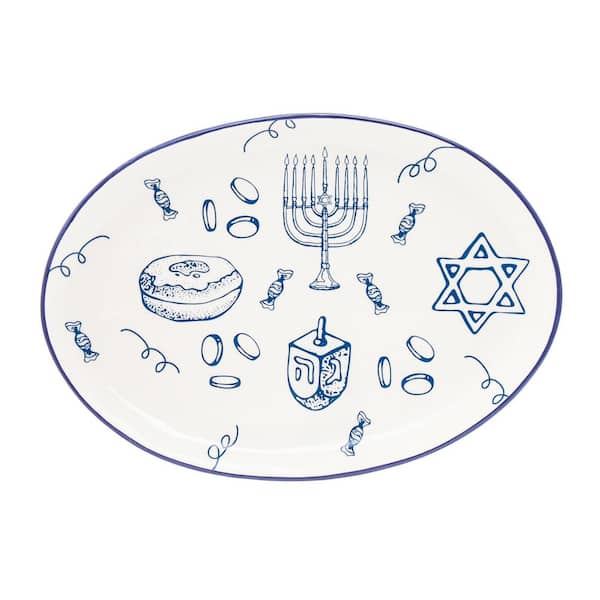 Godinger 16 in. White Ceramic Hanukkah Oval Platter with Detail