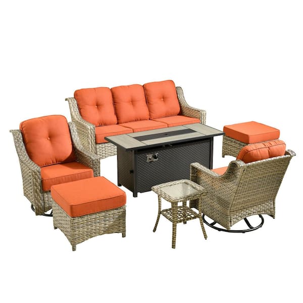 Eureka Gray 7-Piece Wicker Patio Conversation Sofa Swivel Chairs Set with Metal Fire Pit and Red Cushions