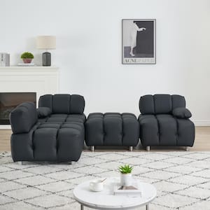 88.97 in. Wide Pillow Top Arm Faux Leather L-Shaped Modern Upholstered Sofa in Black