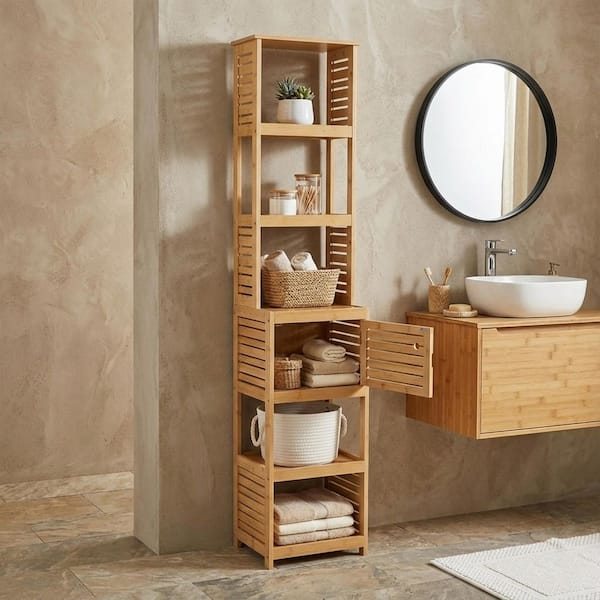 Trinidad 15.30 in. W x 11.12 in. D x 67.00 in. H Brown MDF Linen Cabinet Free Standing 5 Shelves 1 Door