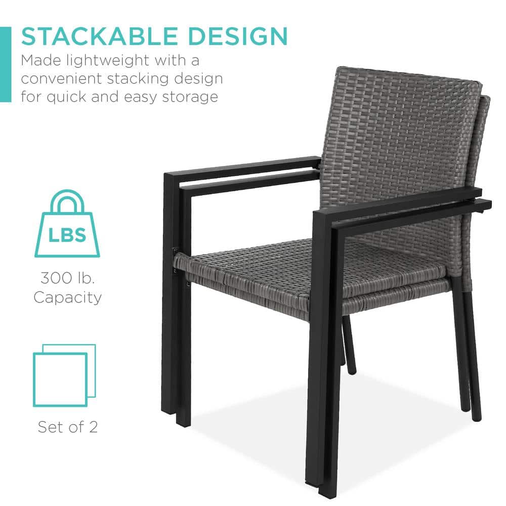 Set of 2 Gray Wicker Stackable Outdoor Dining Chairs with Armrests
